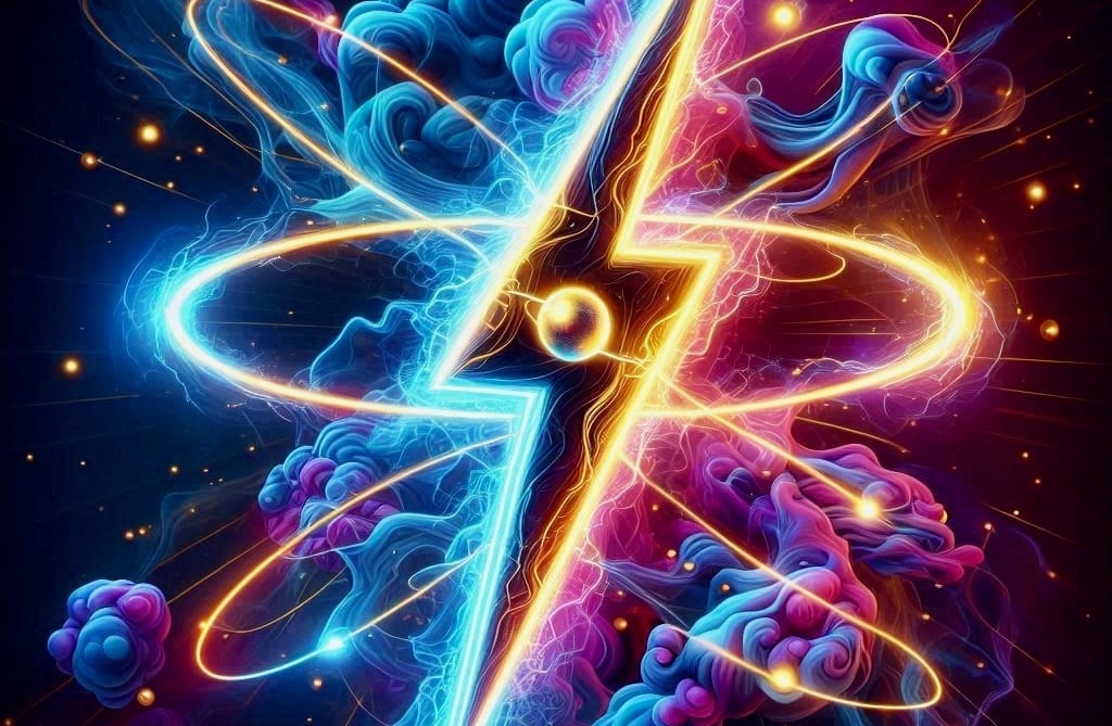 the logo of a storm is coming, it is an elexctric universe being created by the power of AI