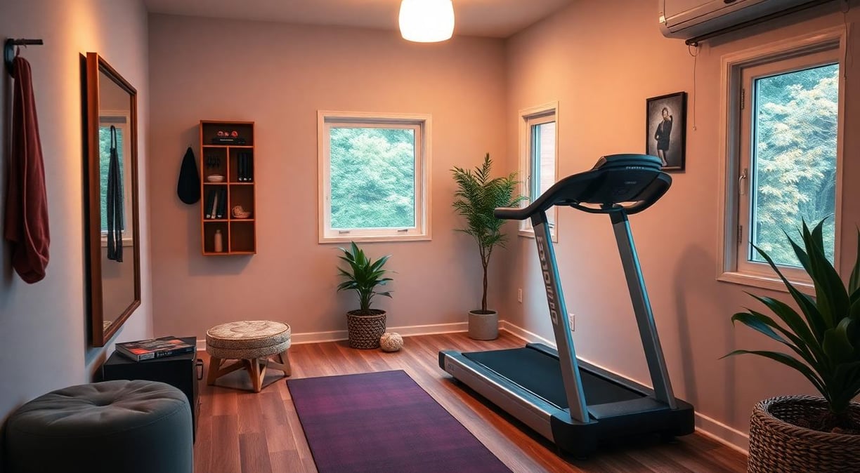 a cozy well lit small home gym with a mirror, a yoga mat, a treadmill.