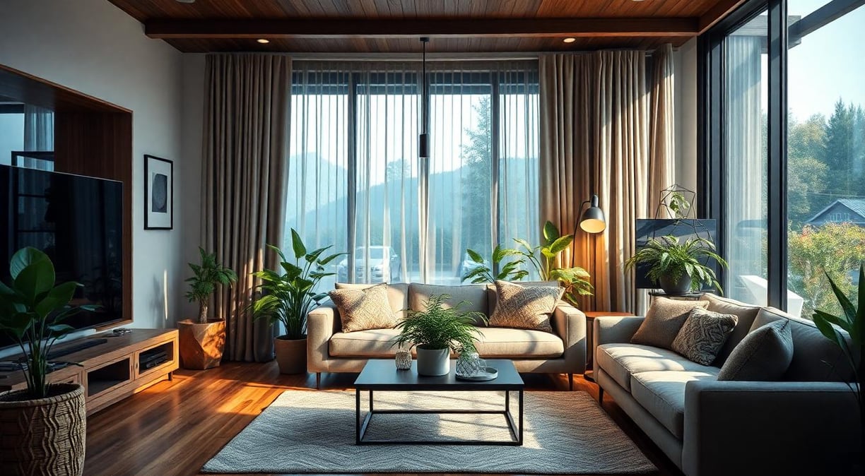a living room with plants inside