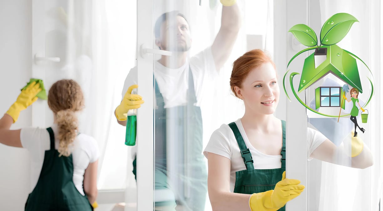 Team in green uniform cleaning glass windows & doors