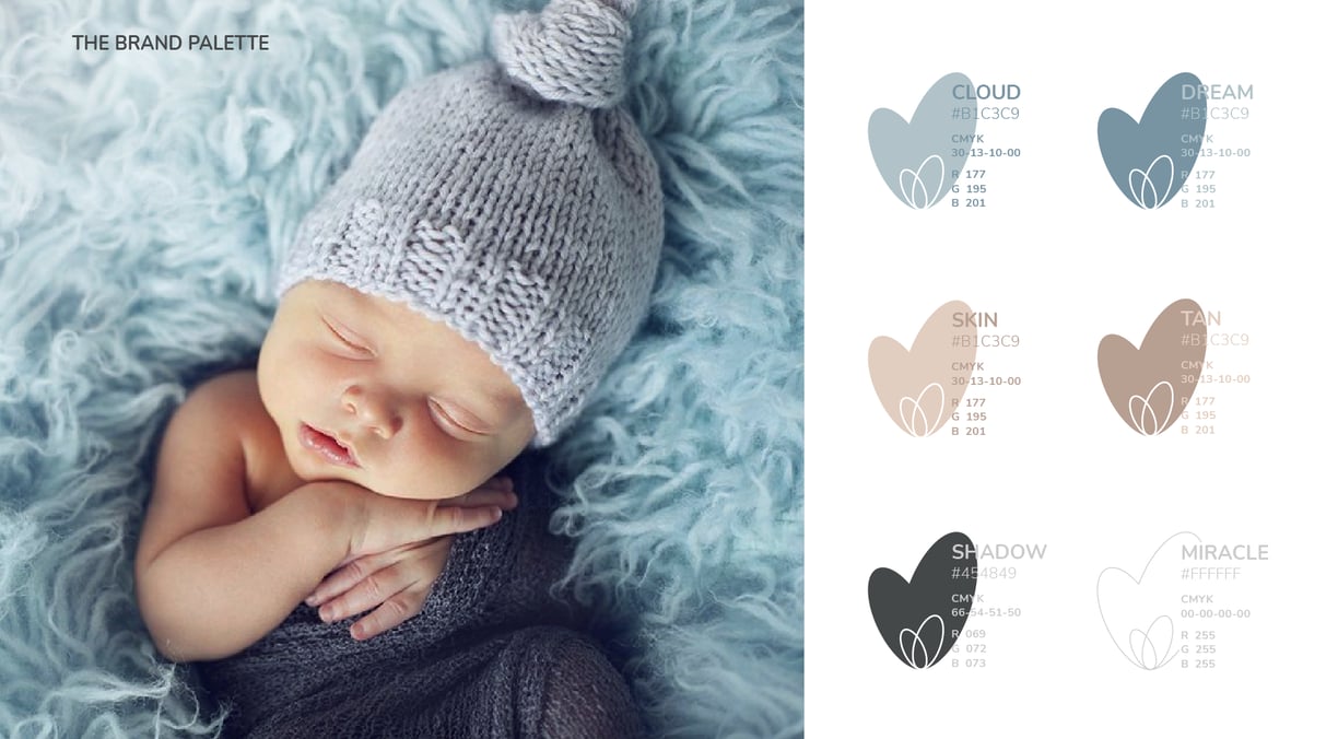 Cute and gentle Logo and Brand Identity for baby store Mommy's Hero, color palette, newborn baby on a soft blue karpet