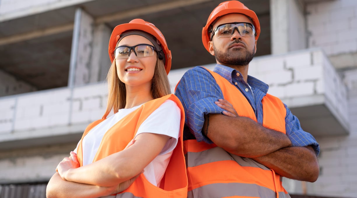 a man and woman in orange safety vests and safety vests