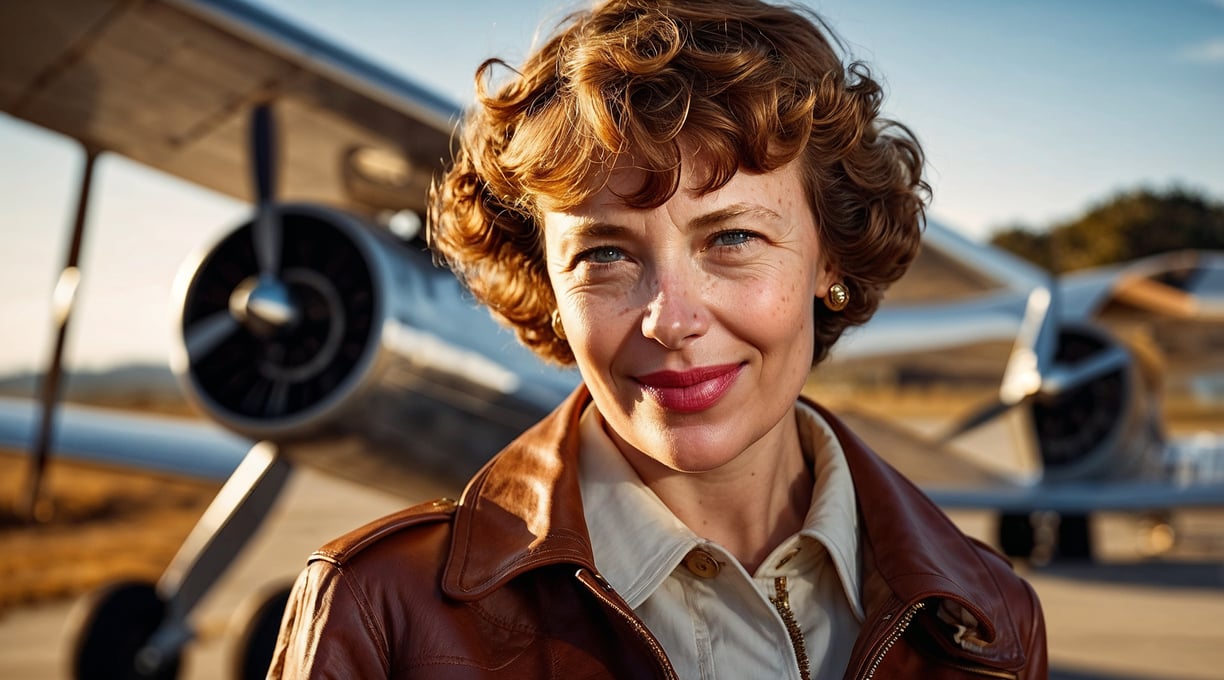 Amelia Earhart stands in front of one of her record breaking planes