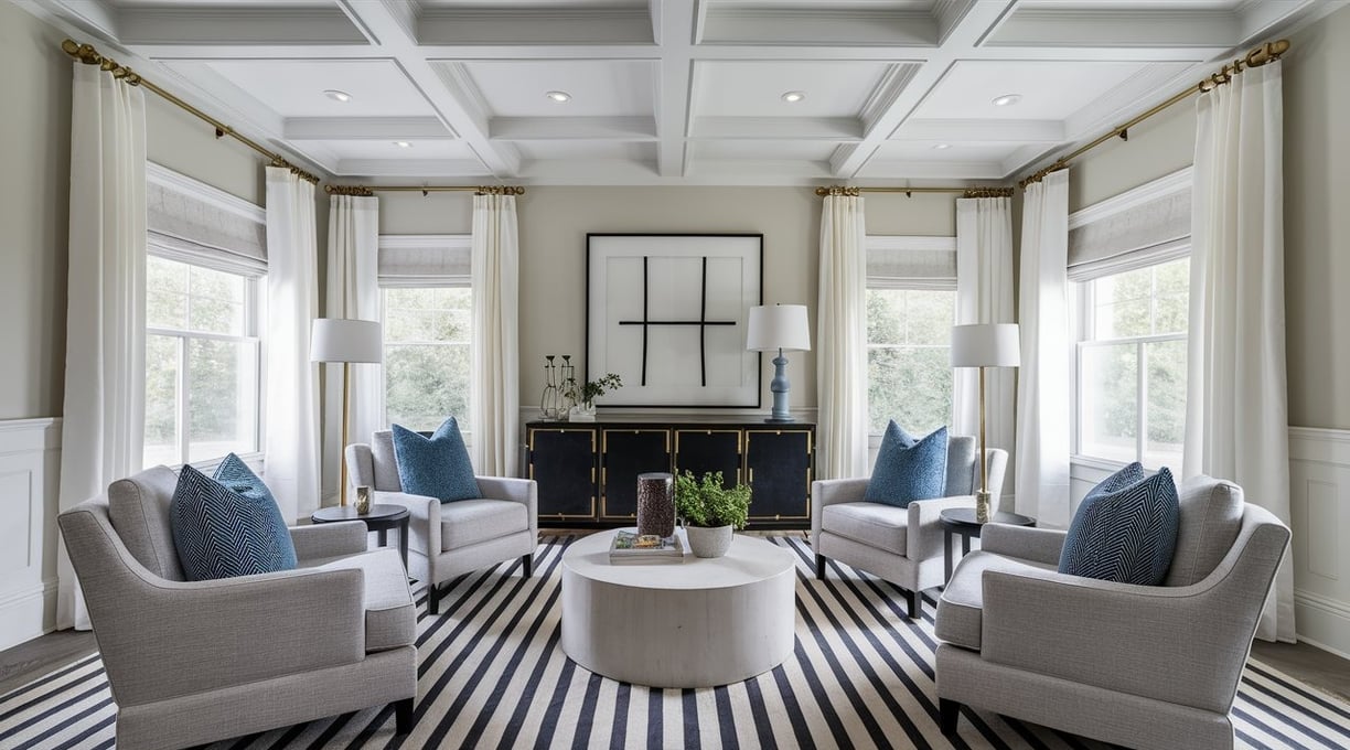 a living room with a striped rug and a striped rug