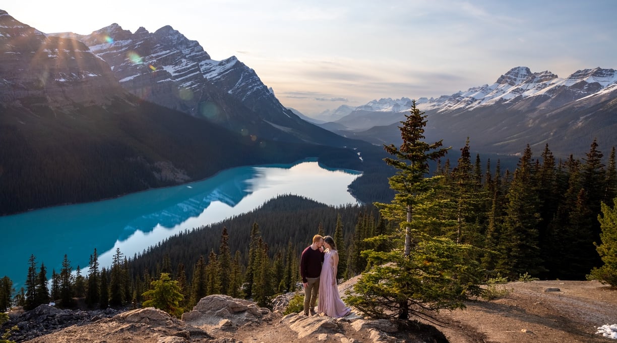 couple standing on a rock at peyto lake in Banff