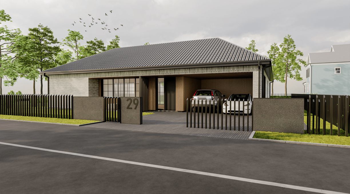 L formos namo projektas su stogine, modernaus dizaino akcentais