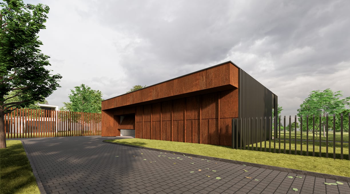 Modernus namas su corteno plieno fasadais ir prabangiu garažu