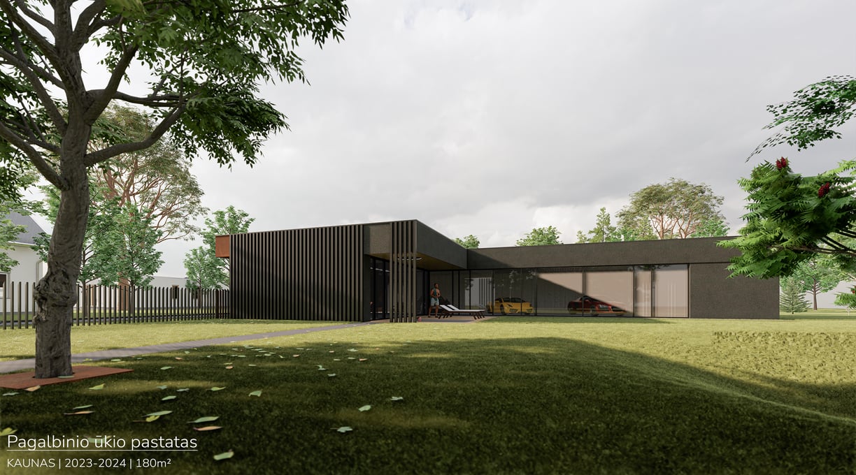 Prabangus modernus pastatas su tamsaus metalo ir corteno fasadais