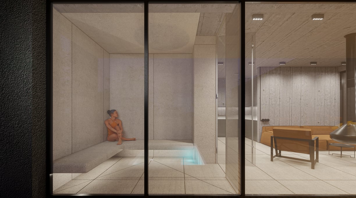 betono interjeras su garine pirtimi