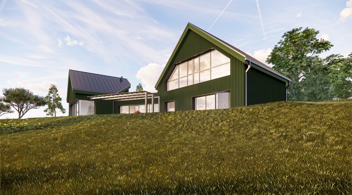 Modernus žalias gyvenamasis namas ant kalvos su didelėmis vitrinomis