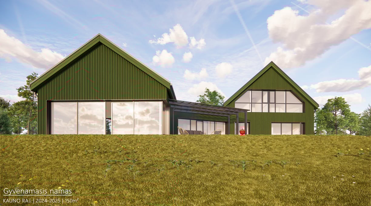 Dviejų tūrių modernus namas su šlaitiniais stogais ir termo medienos fasadais