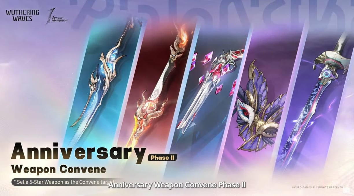 Wuthering Waves Anniversary Weapon Convene Phase II showcasing 5-star weapons
