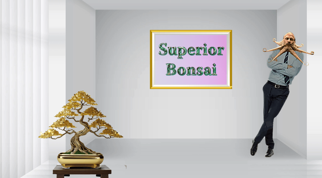 AI image of bonsai boi with bonsai tree in white room