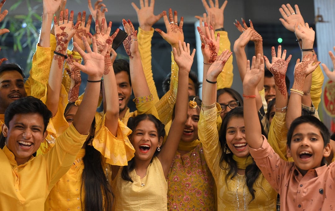 Bride maids on haldi celebrations. With Mehandi on hands