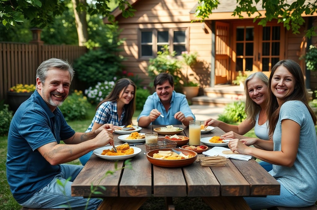 a group of people sitting at a table with food - Real Estate in Florida