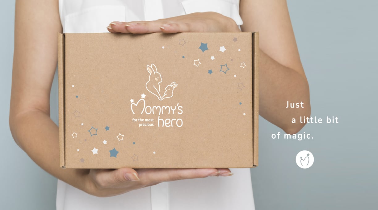 Cute and gentle Logo and Brand Identity for baby store Mommy's Hero, packaging box