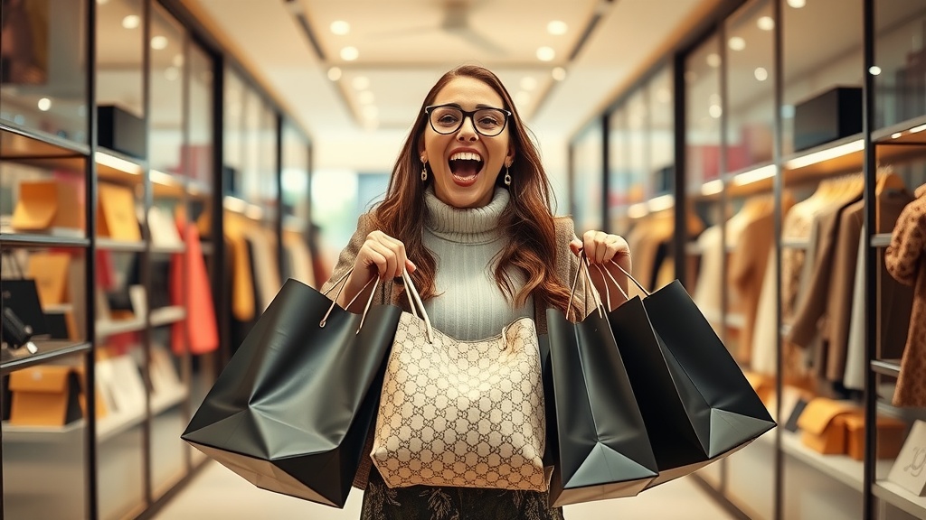 A woman excited and holding luxury shopping bags