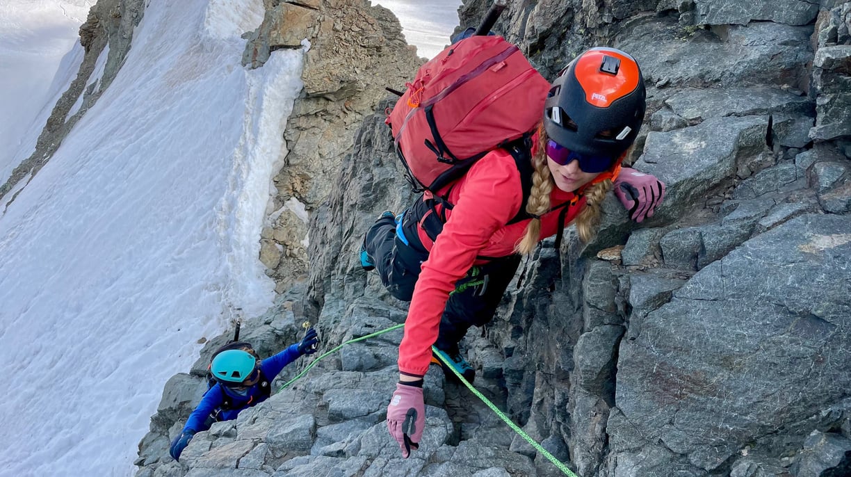 A bit of rock climbing toward the summit of Piz Bernina
