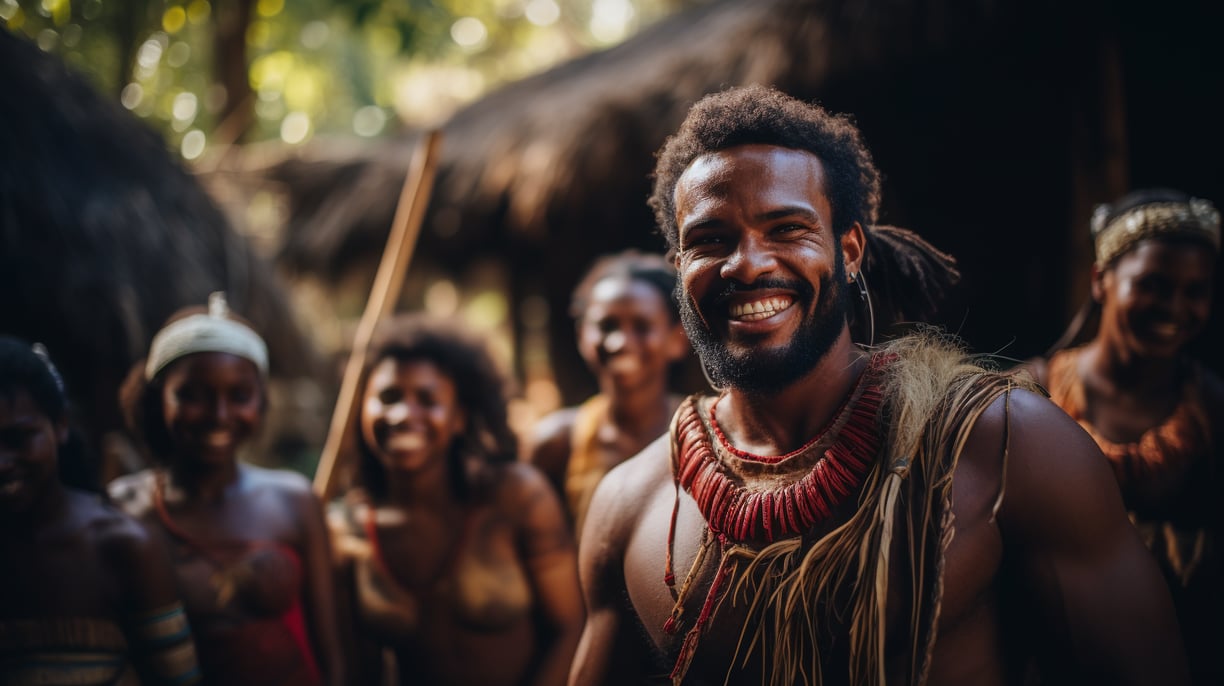 a man with a beard and a beard, smiling and wearing a native american indian