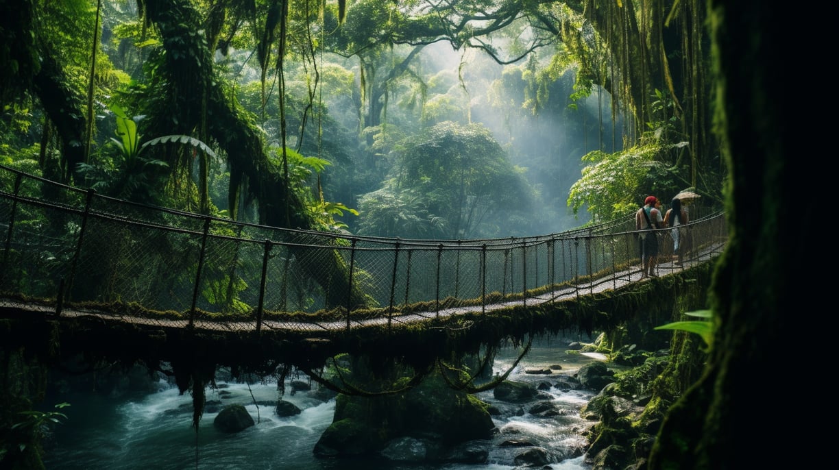 a bridge with a person walking across a bridge