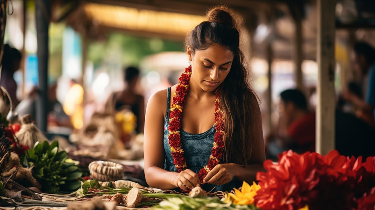 a woman in a blue dress is looking at flowers