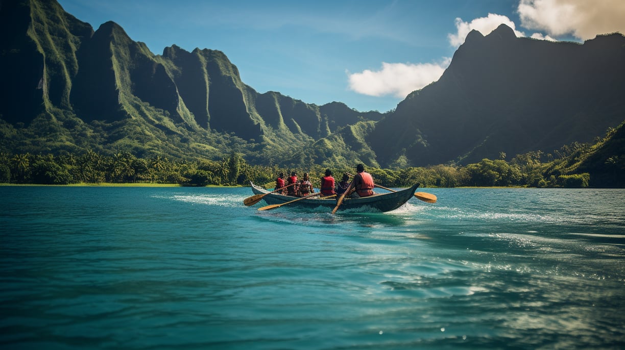 a group of people in a boat on a lake