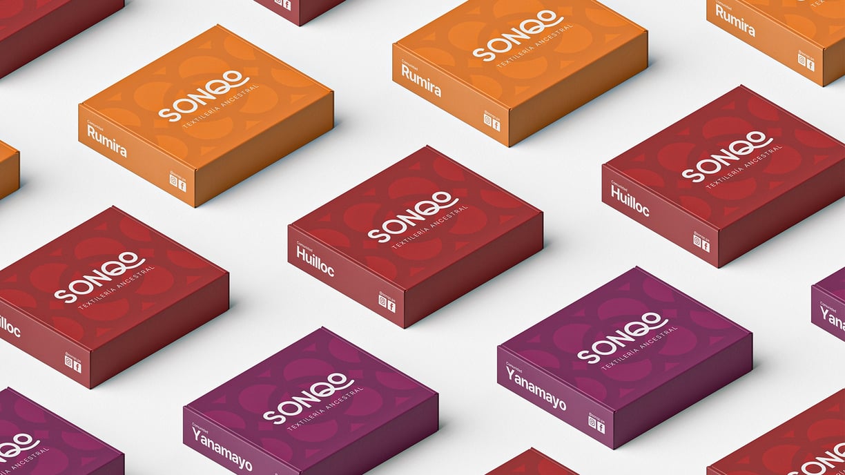 Mockup de cajas de entrega de Sonqo Textilería Ancestral