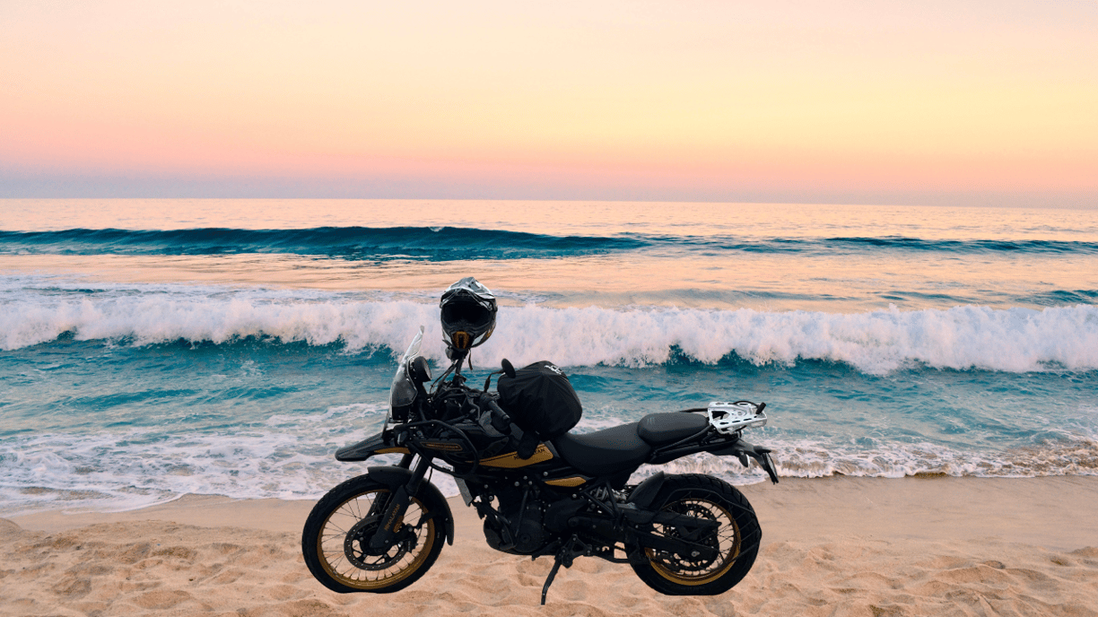 a motorcycle in the sandy beach