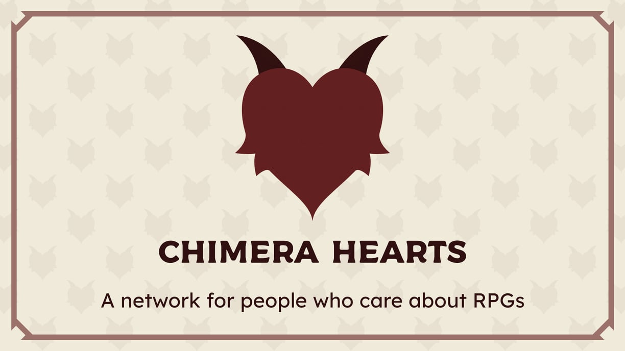 A dark red heart with curved horns above the words "Chimera Hearts: a network for people who care about RPGs".