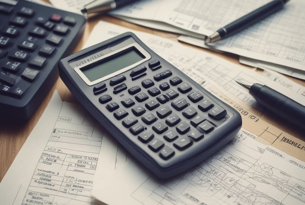 A close-up view of a financial document with printed figures and text, accompanied by a black pen resting on the paper. To the left, a digital calculator displays a number, suggesting it is used for calculations related to the document.