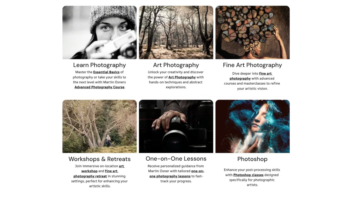 Overview of photography classes offered by Martin Osner, including art, fine art, workshops, private lessons, and Photoshop.