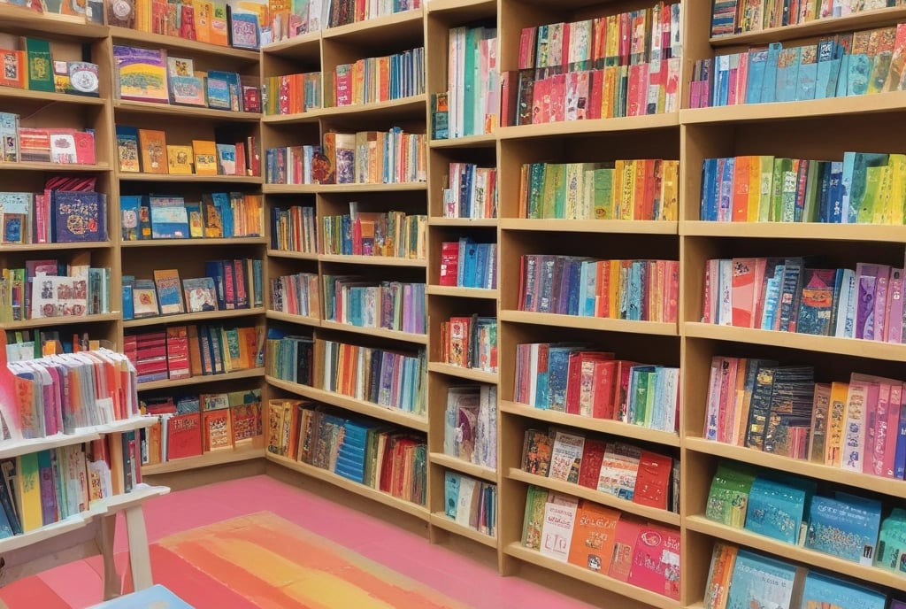 A store shelf filled with various colorful stationery items and art supplies, including pens, pencils, notebooks, and paint sets. The shelves are well-organized, displaying products in various vibrant packages. Some toy items and educational kits are also visible.