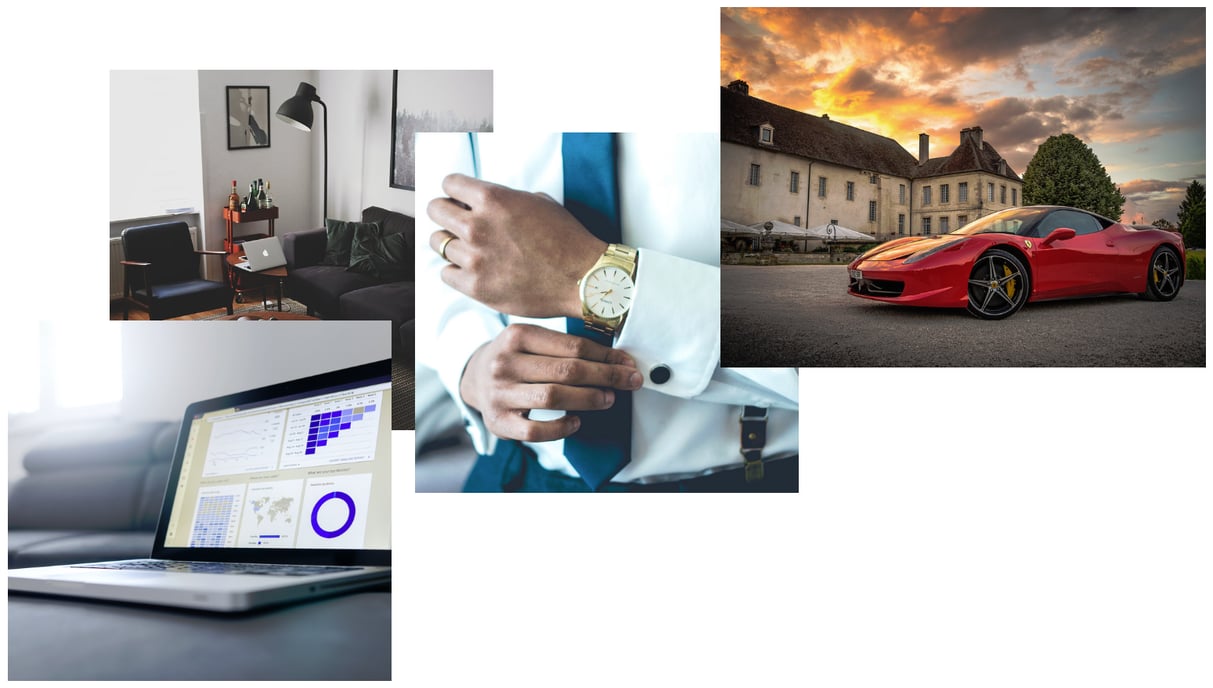 Image with eliminated risk, guaranteed results, data dashboard, cozy room, watch and sports car