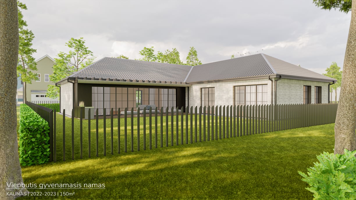 Klasikinio stiliaus vieno aukšto namas su antresole ir klinkerio fasadu