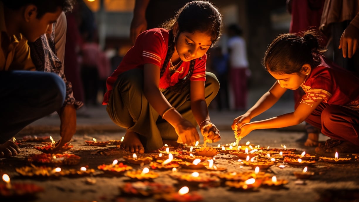 indian kids lighting oil lamps on the street ground