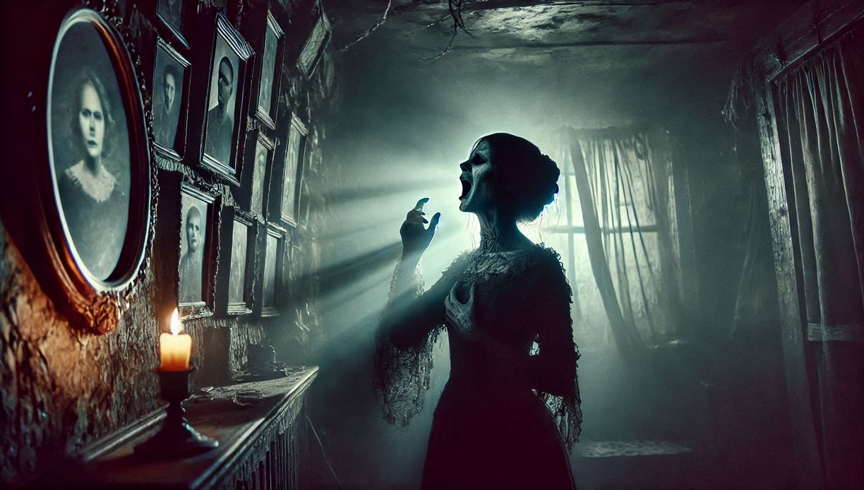 A ghastly woman screaming, as she looks at portraits of her ancestors.