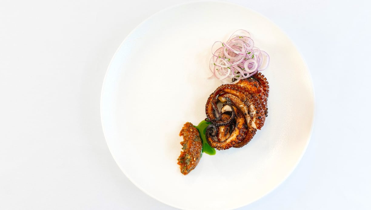 Grilled octopus with dried tomato-herbs sauce & basil oil - prepared by Villa Eats in Naxos