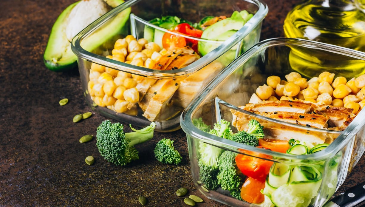 a variety of food items including a salad and a salad