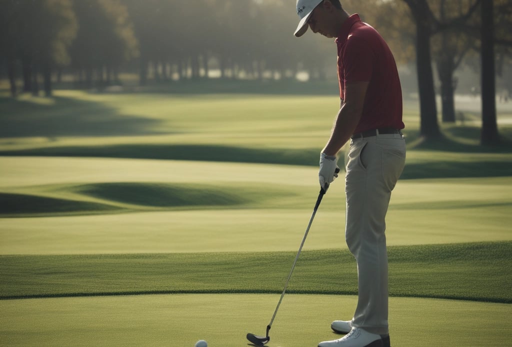 A golf ball is positioned on a manicured green, with a flagstick lying on the grass in the background. The scene is surrounded by tall palm and other trees, with a slightly cloudy sky visible.