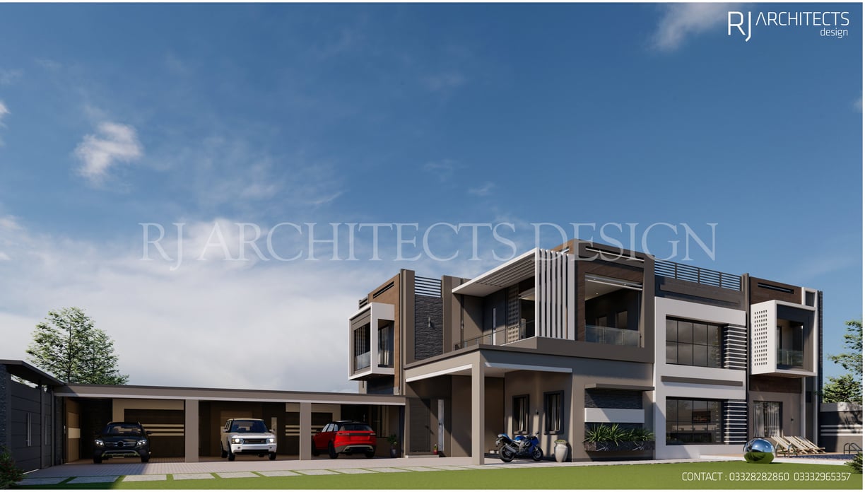 Luxury modern villa with large windows, spacious car porch, and sleek architectural design