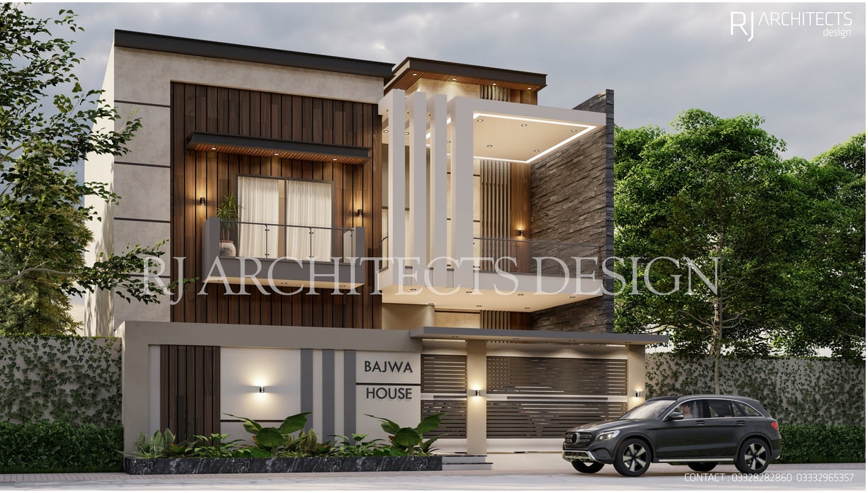 Modern two-story house with wood and stone facade, illuminated balcony, and a gated entrance labeled