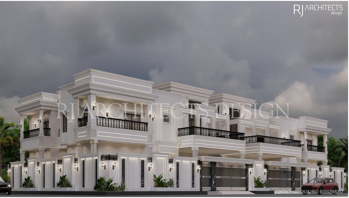 Modern white villa 3D rendering with black railings and lighting accents