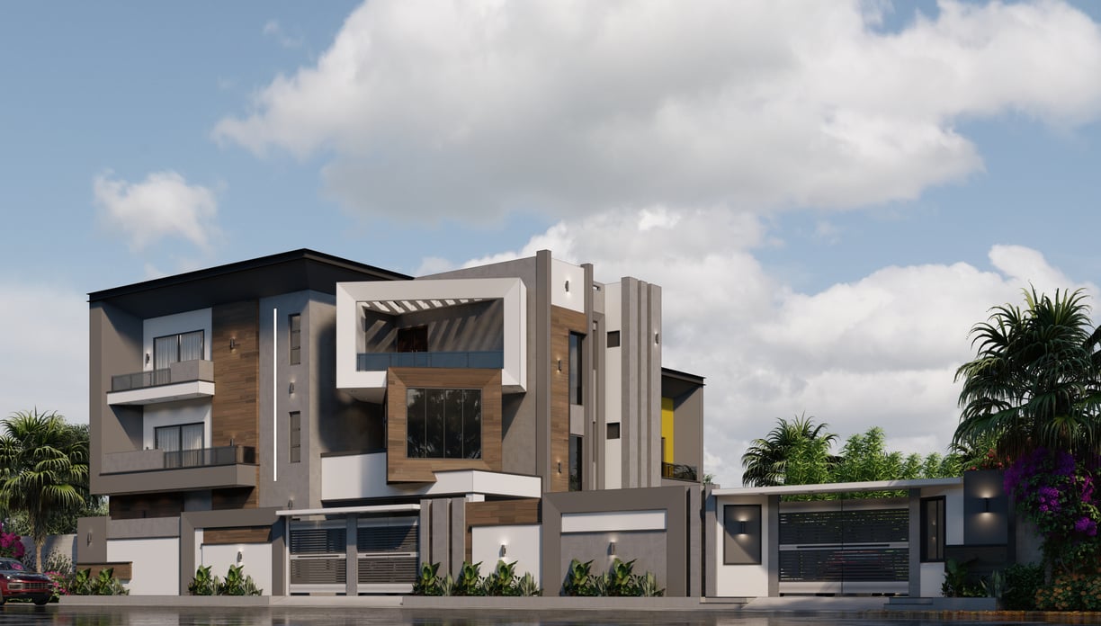 Luxurious modern house with geometric facade, large windows, and a gated entrance