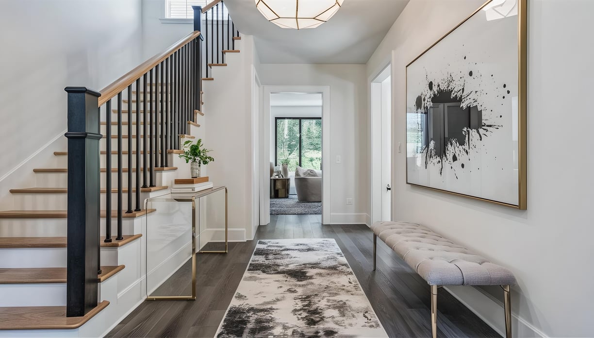 a hallway with a bench and a bench with a bench in the middle