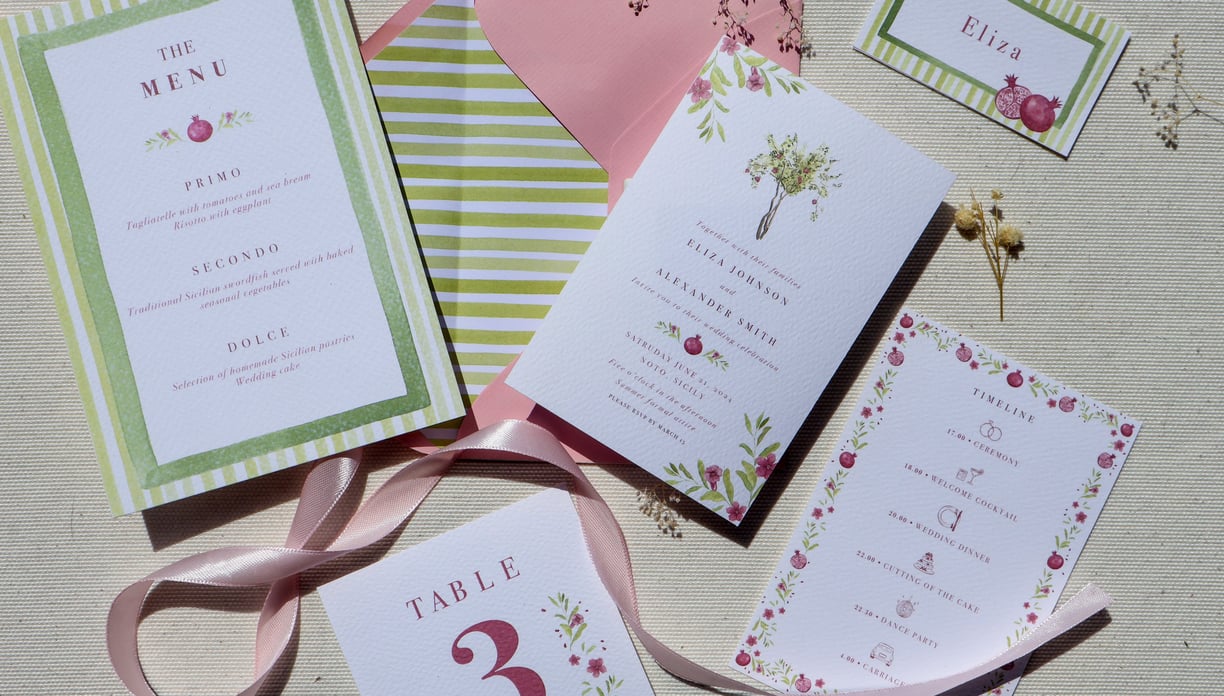 wedding suite and day of stationery menu invitation weekend details table number name card
