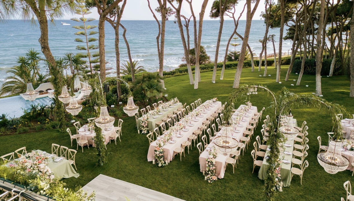 Aerial view of Villa El Rincon in Marbella during a luxury seaside destination wedding with Mediterranean scenery.