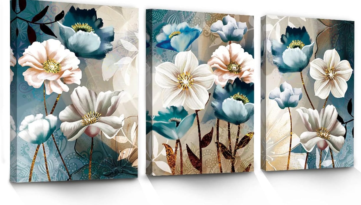  SERIMINO 3 Piece Lotus Flower Canvas Wall Art for Living Room White and Indigo Blue Floral Picture 