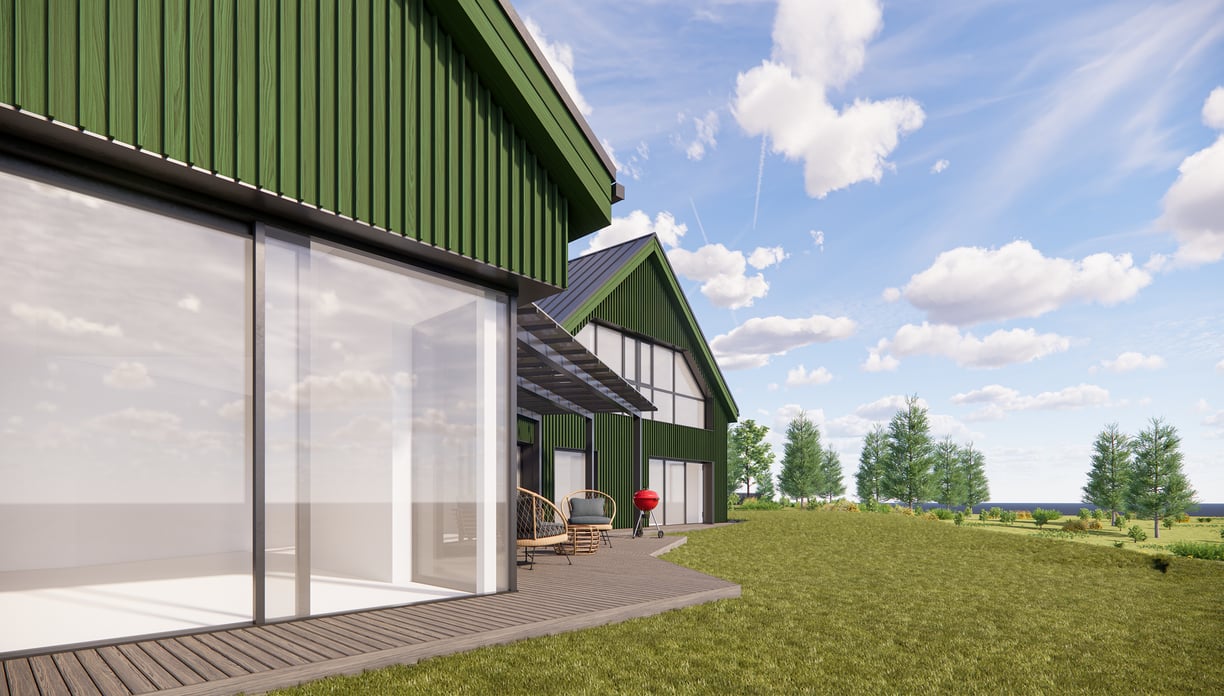 Minimalistinis namas su dvigubu šlaitiniu stogu ir terasa