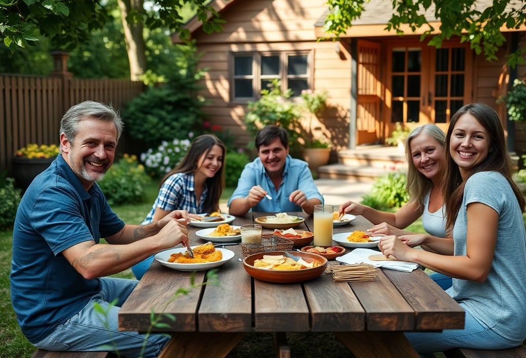 un grupo de personas sentadas a la mesa con comida - Alliance Terranova Real Estate