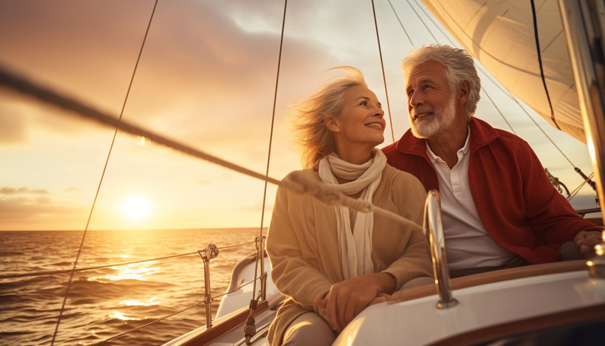 a retired couple riding a yacht at golden hour